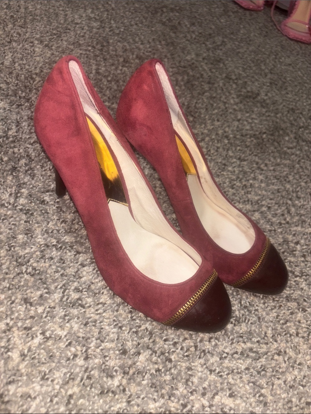 MICHAEL Michael Kors Wine Red Suede Pumps with Dark Brown Cap Toe